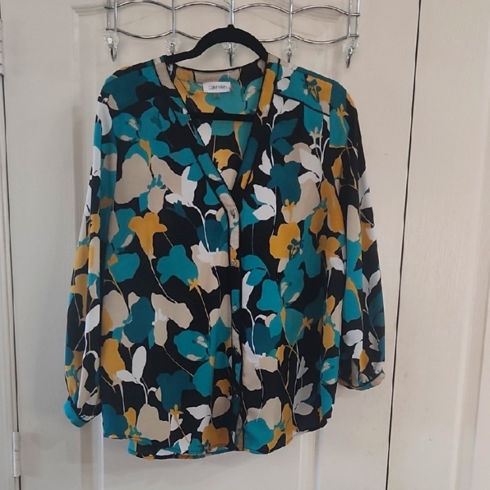 Calvin Klein Blouse, Size 0X, Green And Black